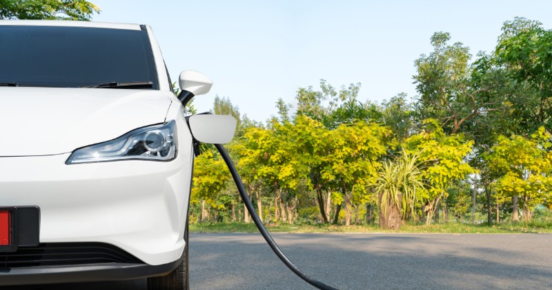 Voiture électrique en charge devant une forêt