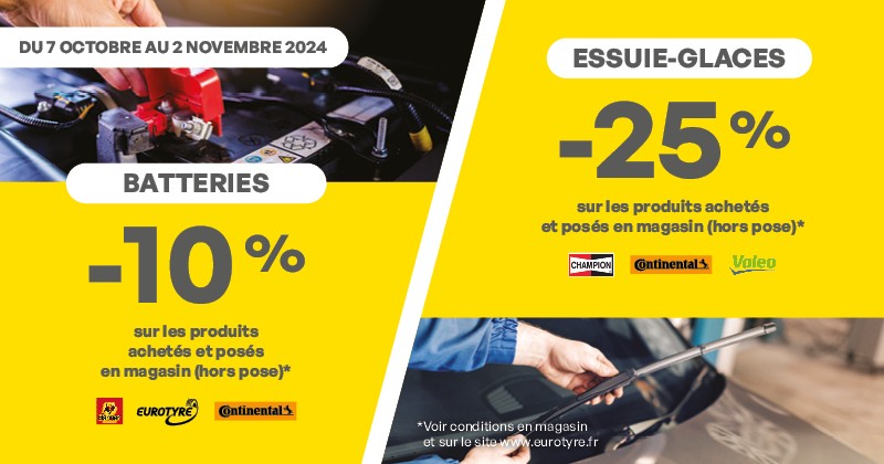 Promo entretien auto hiver sur les batteries et les essuie-glaces avec Eurotyre. 