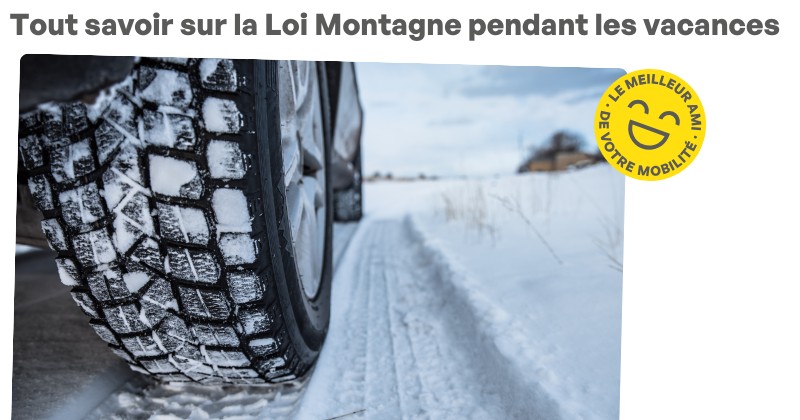 Roue de voiture sur route enneigée, Loi Montagne 2025